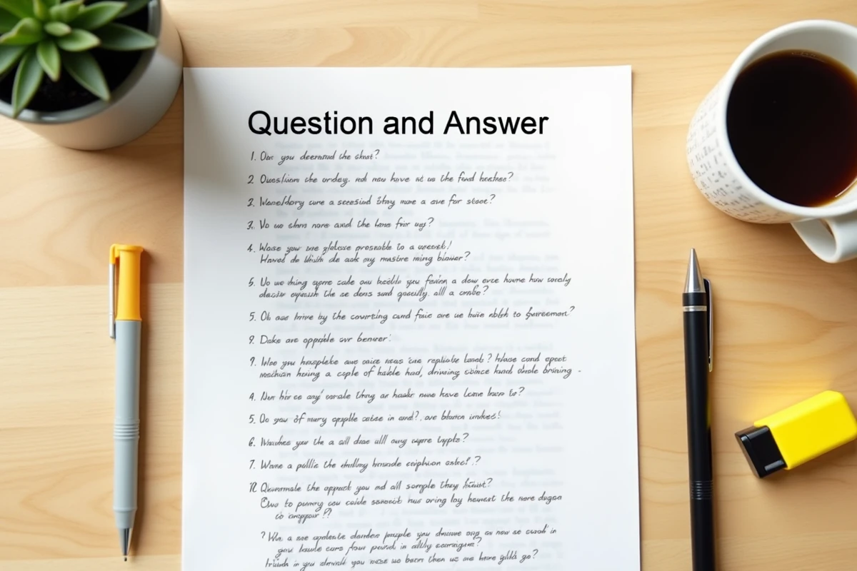 Vue en plongée d'un questionnaire permis de conduire imprimé annoté avec stylo et surligneurs sur une table en bois