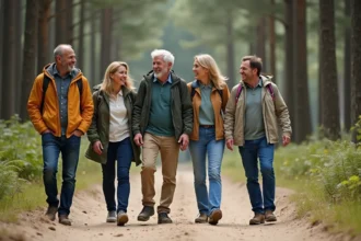 Groupe de randonneurs dans la forêt landaise en France
