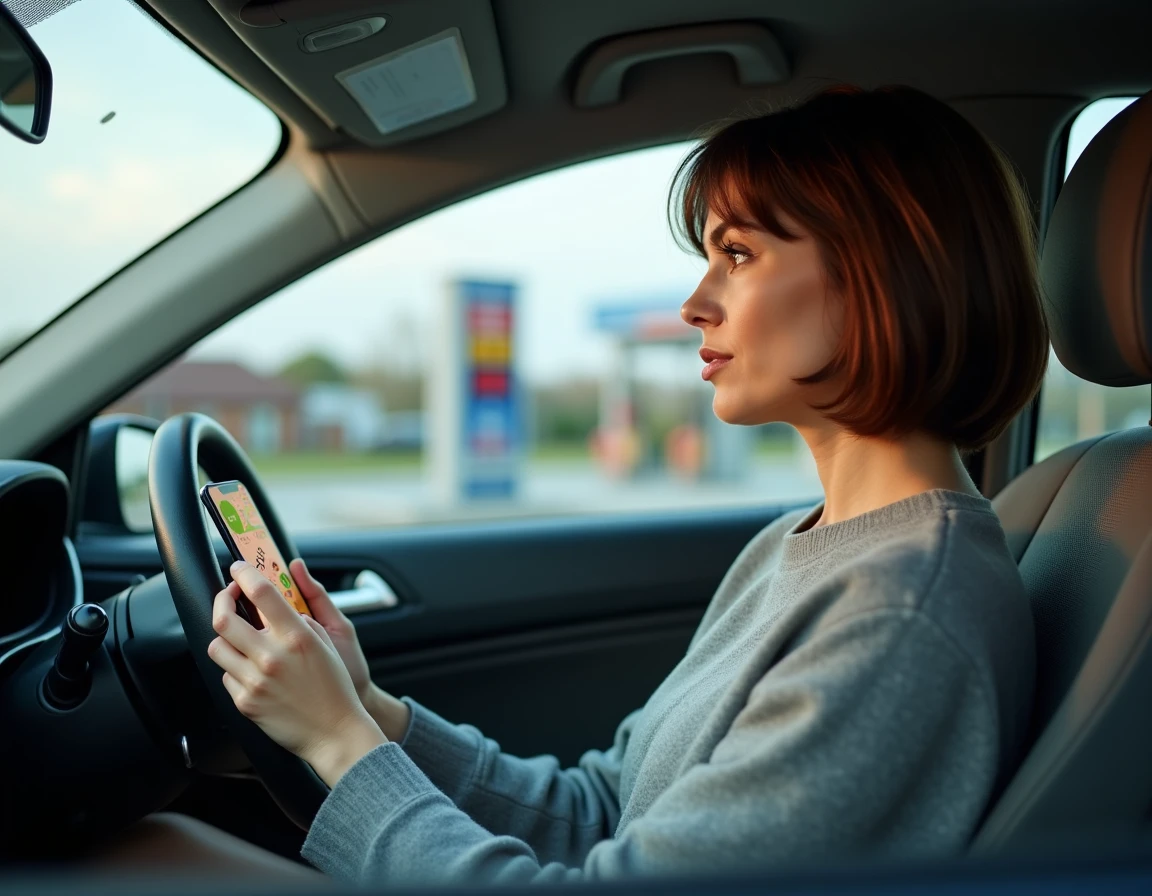 Femme cherchant une station E85 ouverte 24h sur une application smartphone dans sa voiture