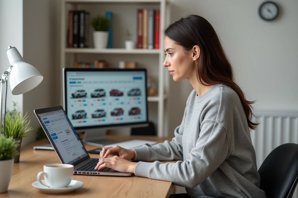 Femme recherchant une voiture d'occasion sur un site internet depuis son bureau à domicile