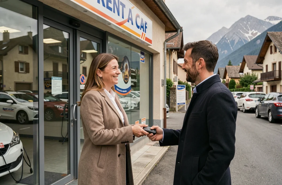 Agence Rent A Car avec un employé remettant les clés d'un véhicule à une cliente