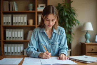 Jeune femme révisant les questions du permis de conduire sur des documents imprimés à son bureau à domicile