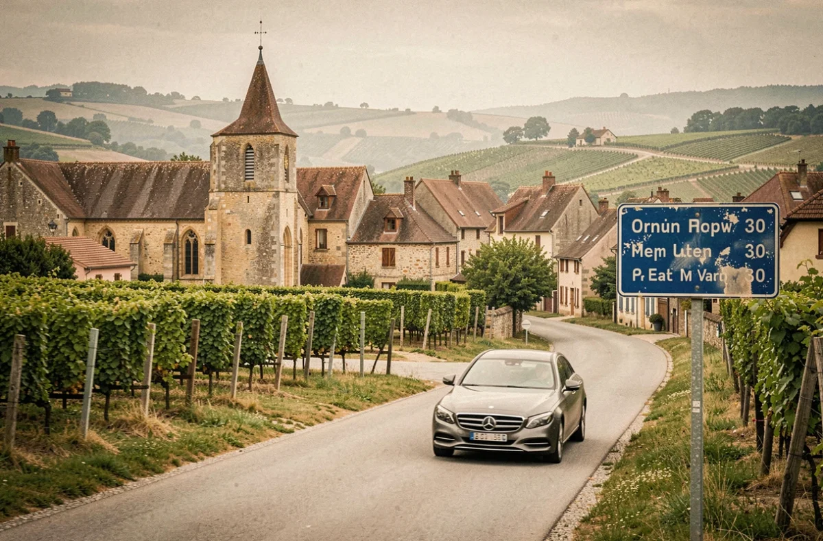 Route departementale française traversant un village de Bourgogne avec vignes et église en pierre, alternative à l'autoroute