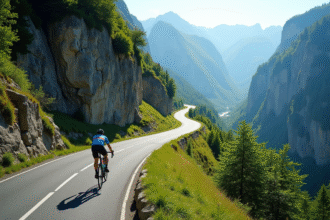 Route de montagne escarpée avec cycliste en montée en France