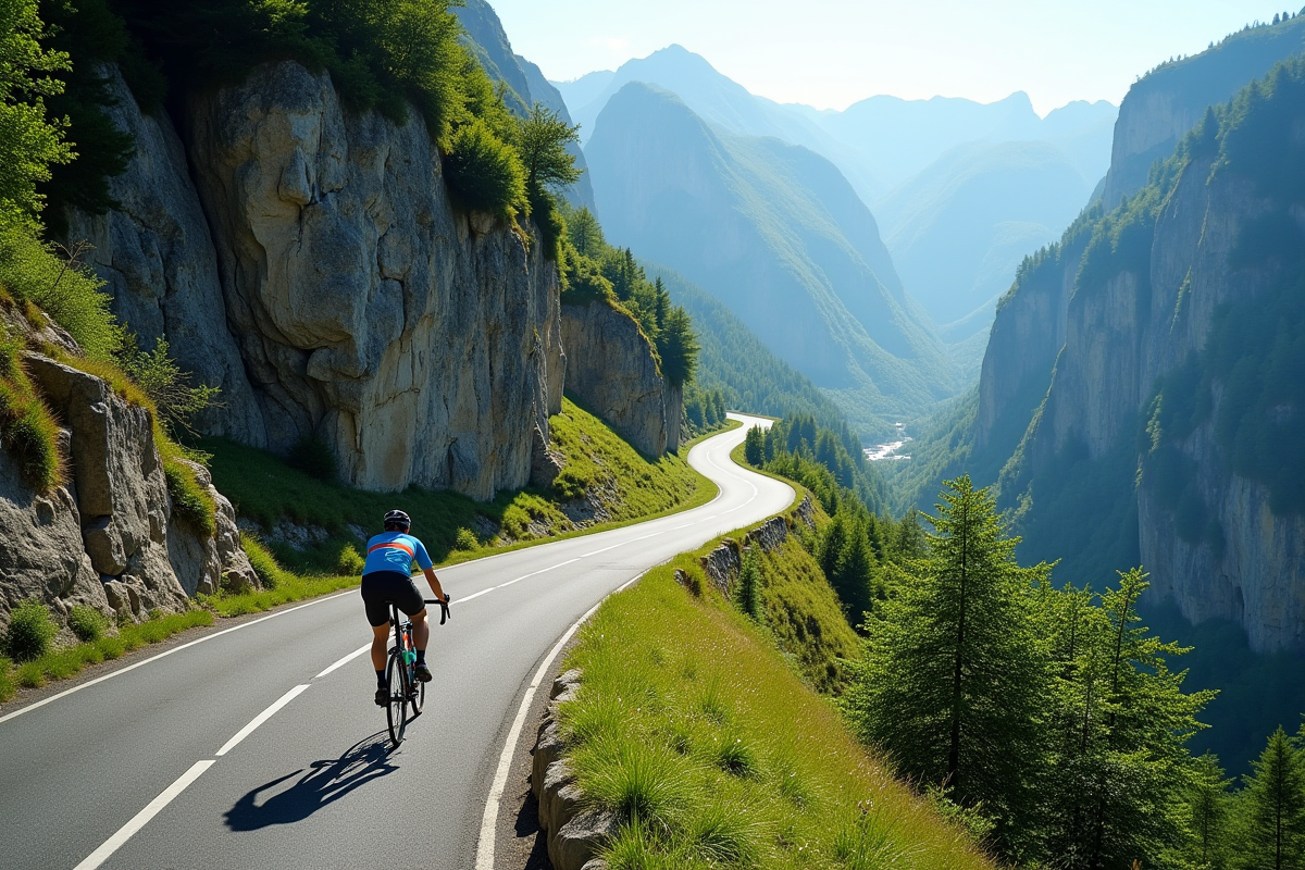 Route de montagne escarpée avec cycliste en montée en France