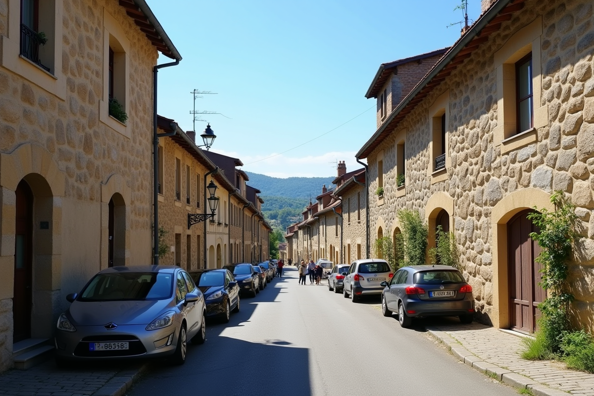 Rue pavée en pente avec maisons anciennes en France