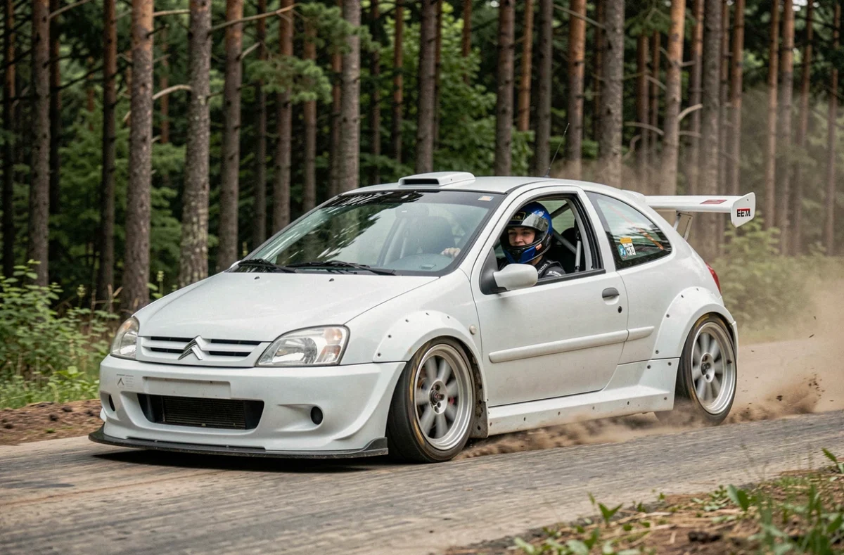 Saxo 1.6 transformée en kit car de rallye en pleine action sur une spéciale forestière, carrosserie aérodynamique large et pilote en combinaison Nomex