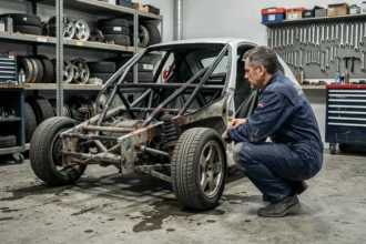 Citroën Saxo 1.6 en cours de transformation en kit car dans un garage de course, mécanicien inspectant le châssis avec cage de sécurité visible