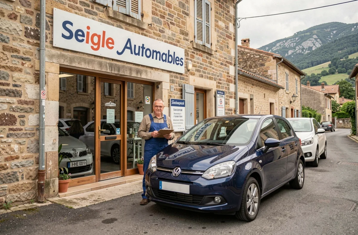 Façade de l'agence Seigle Automobiles avec un employé devant un véhicule de location