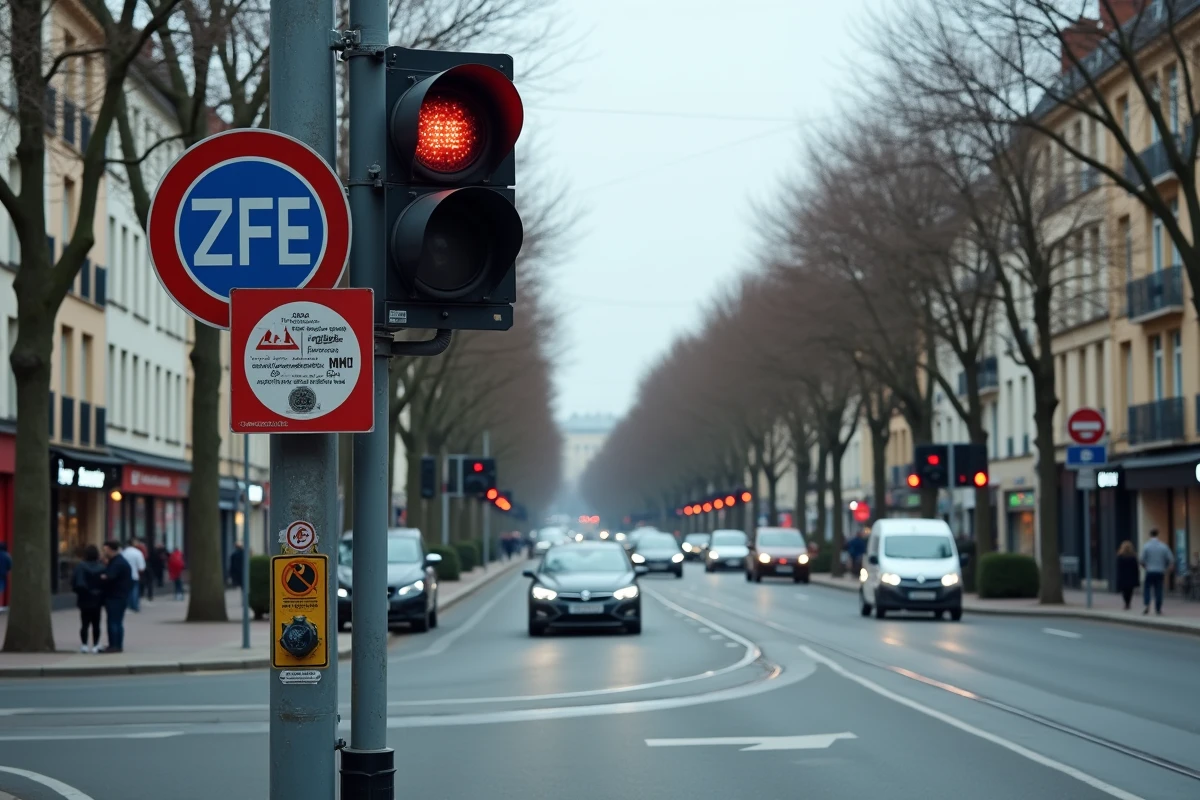 Panneau Crit'Air et signalisation ZFE à une intersection dans une grande ville française