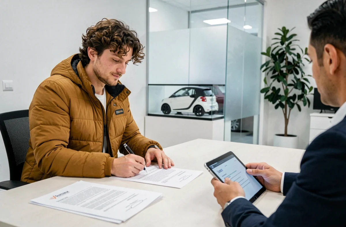 Jeune homme signant un contrat d'achat de voiture sans permis dans une concession à Nantes