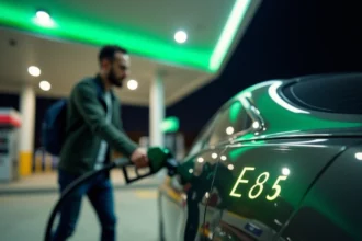 Conducteur utilisant une pompe à carburant E85 dans une station service ouverte 24h/24 la nuit