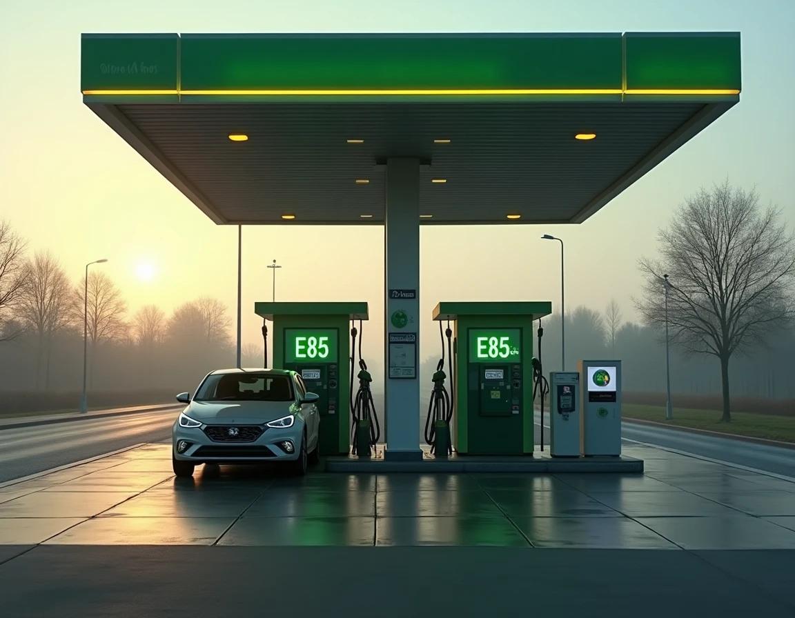 Station service E85 en libre-service ouverte 24h sur 24 en zone périurbaine tôt le matin
