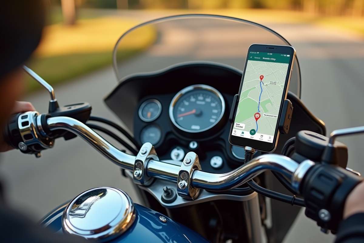 Détail du tableau de bord moto avec smartphone et application Liberty Rider