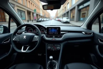 Tableau de bord numérique Peugeot 208 avec affichage personnalisable vu depuis le siège conducteur