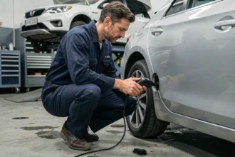 Technicien automobile connectant un scanner OBD pour diagnostiquer un défaut ESP et une perte de puissance sur une voiture en garage
