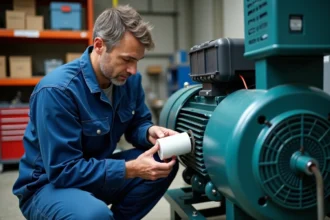 Technicien en overalls installant un capaciteur sur un compresseur