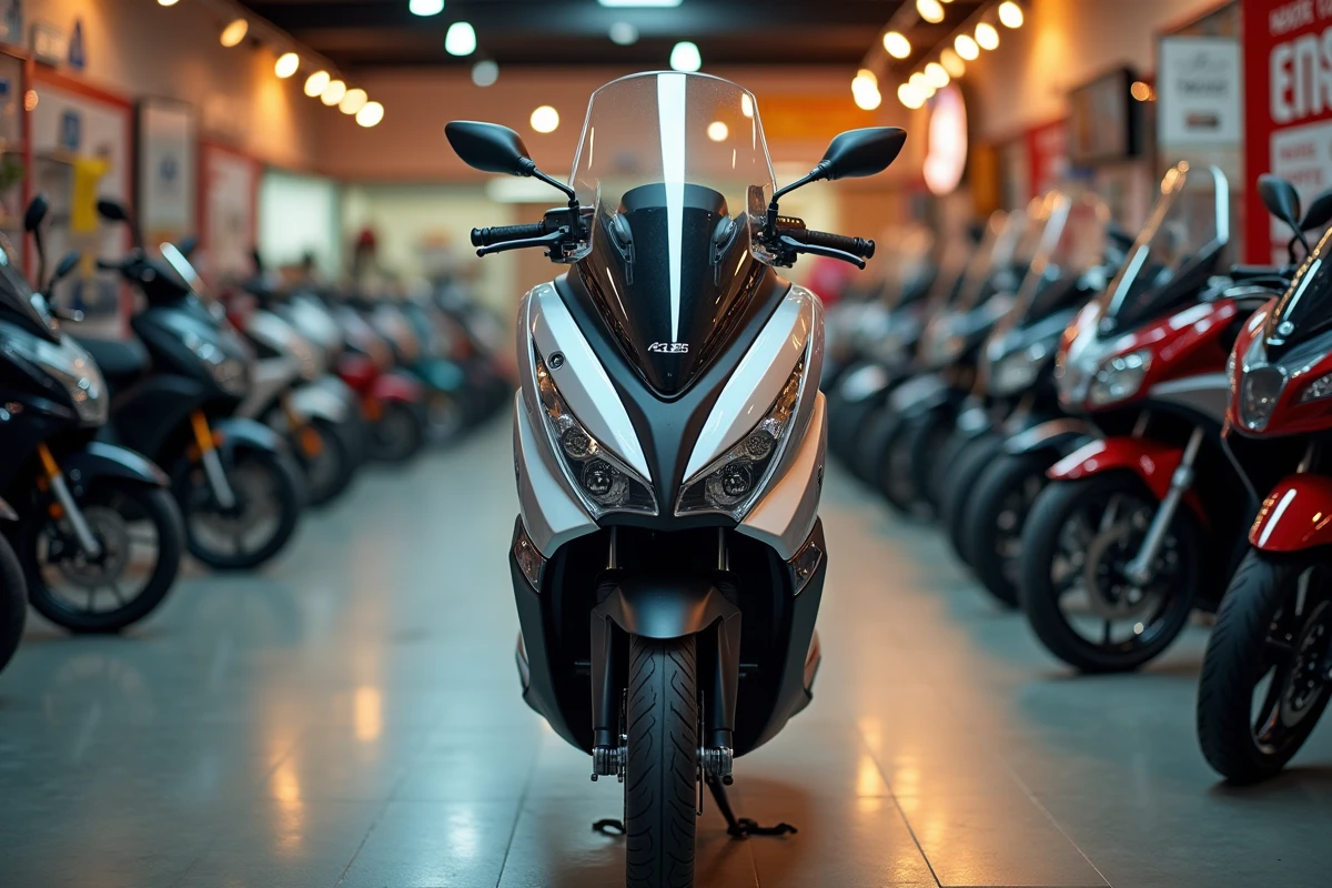 TMAX 2026 d'occasion exposé dans une concession moto avec étiquettes de prix en français