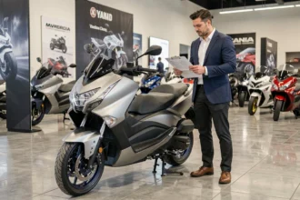 Yamaha TMAX 750 exposé dans une concession moto avec un vendeur consultant un tarif officiel en 2026