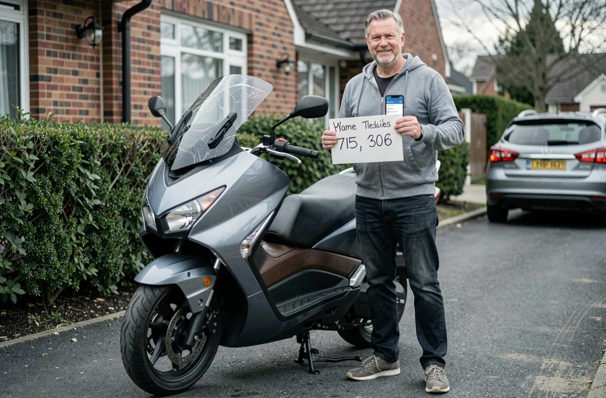 Particulier vendant son TMAX 750 en 2026 devant son domicile avec une annonce affichée sur smartphone
