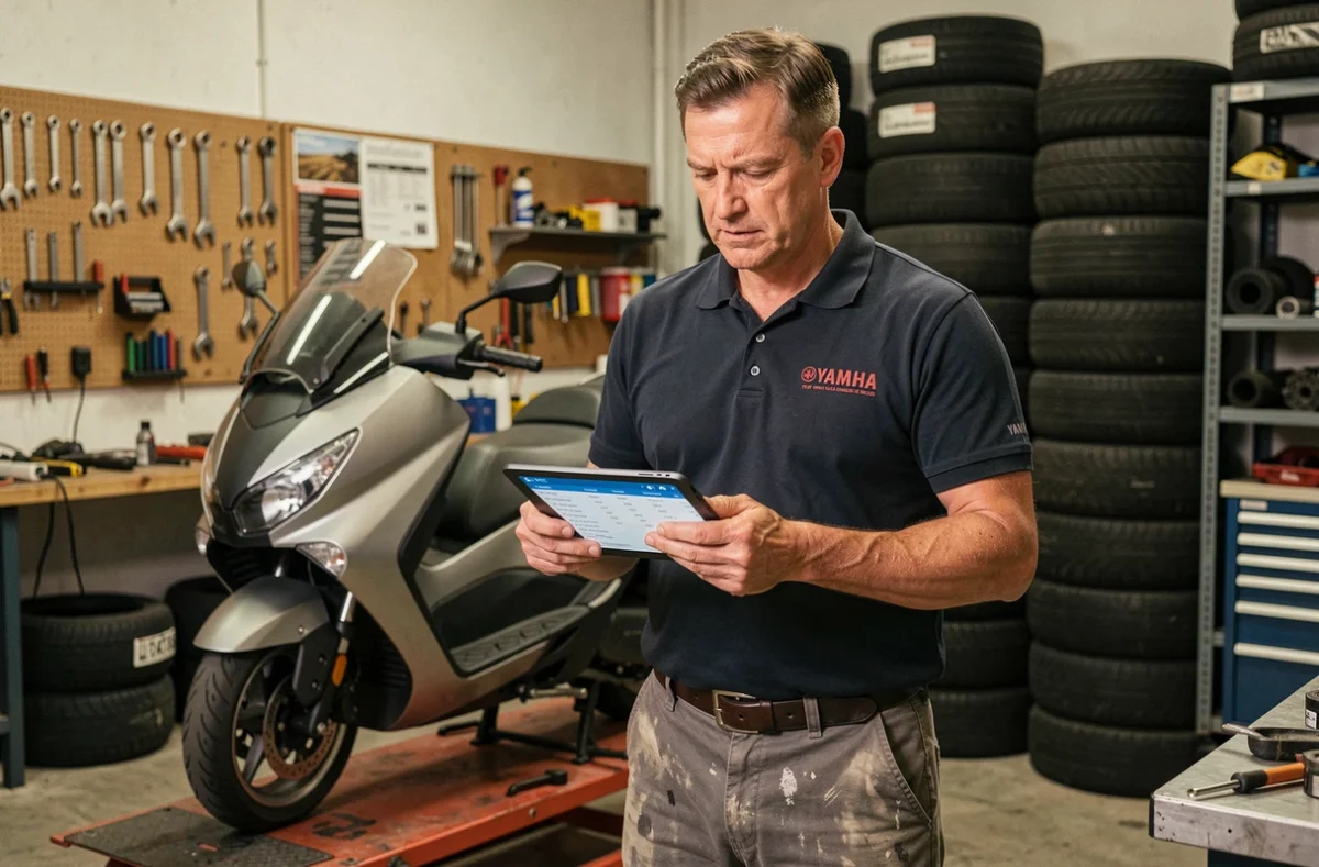 Revendeur moto professionnel évaluant le prix d'un TMAX 750 sur tablette dans un garage spécialisé