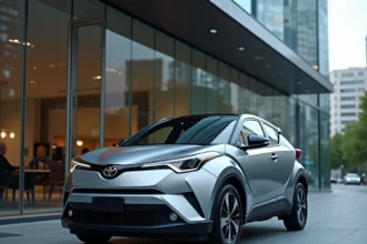 Toyota C-HR 2026 garé devant une concession automobile moderne, vue trois quarts avant mettant en valeur le design coupé et la carrosserie sculptée