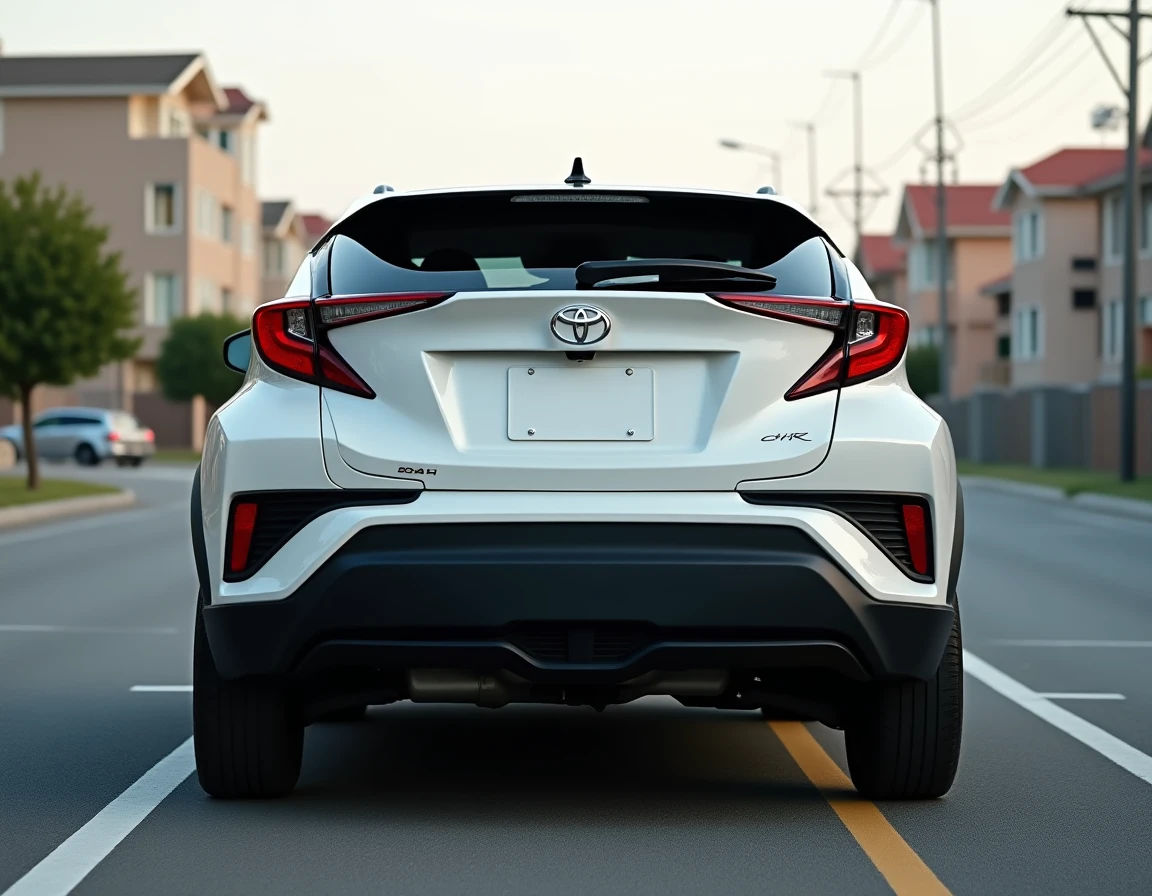 Toyota C-HR 2026 photographié de l'arrière dans un parking résidentiel, illustrant un contexte de revente et d'inspection par un acheteur particulier