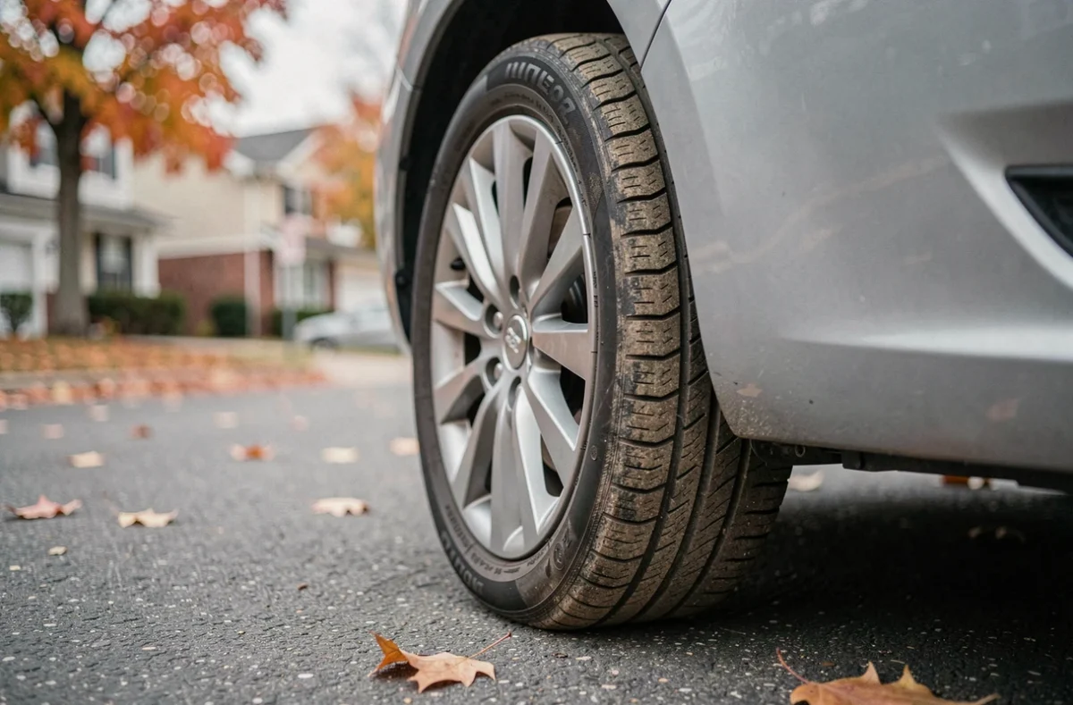 Usure asymétrique du pneu sur le bord intérieur révélant un défaut d'alignement des roues sur une voiture familiale