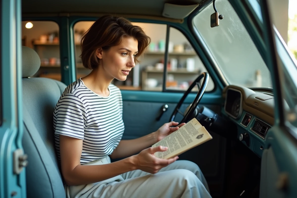 Utilisatrice de LADA assise dans l'habitacle d'une berline vintage dans un garage français, consultant le manuel du propriétaire