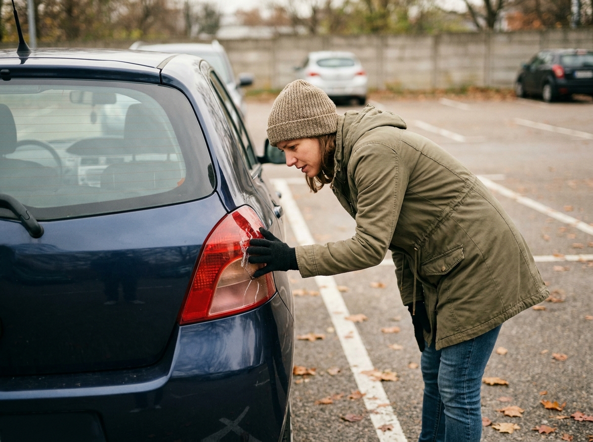 Femme examinant un feu arrière endommagé sur une petite voiture d'occasion dans un parking