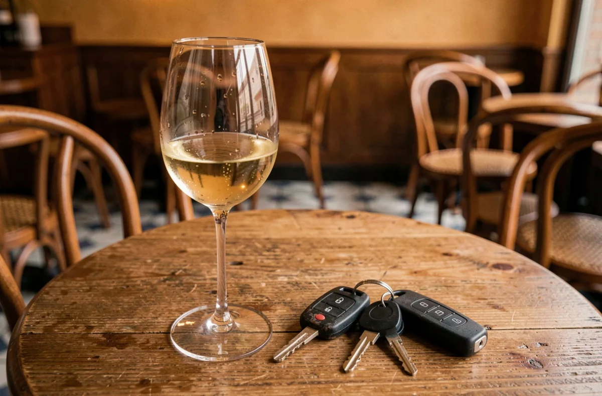 Verre de vin blanc et clés de voiture posés sur une table de bistrot, symbolisant la limite d'alcool au volant