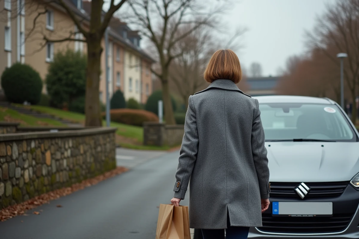 Femme passant devant une voiture avec vignette Crit'Air dans un quartier résidentiel