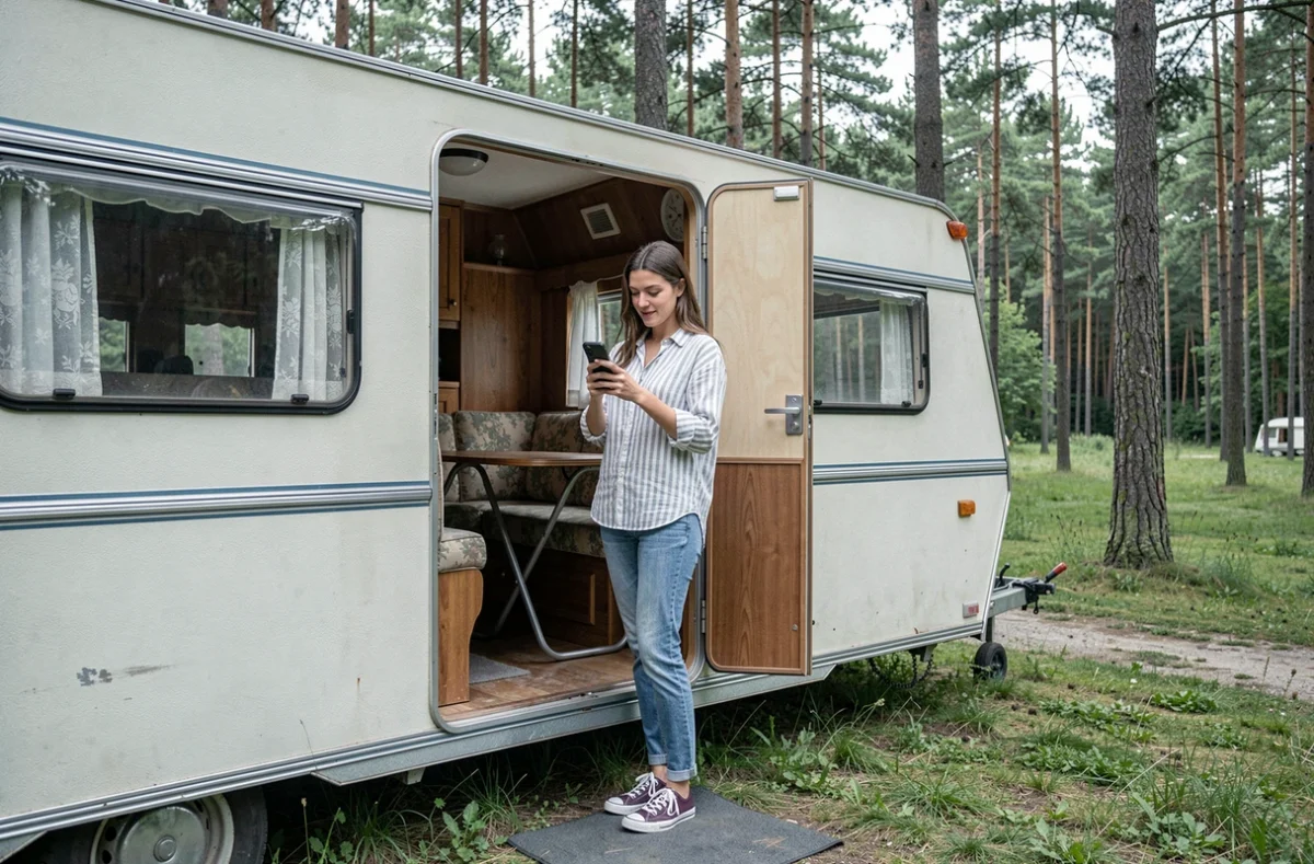 Jeune femme visitant l'intérieur d'une caravane d'occasion dans un camping forestier