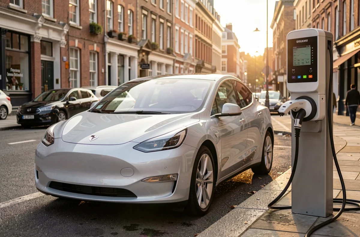 Voiture électrique branchée sur une borne de recharge en ville