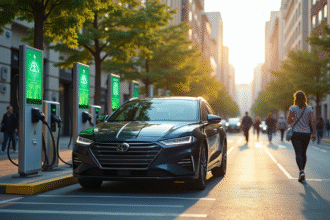 Voiture hybride moderne en charge dans une ville ensoleillee