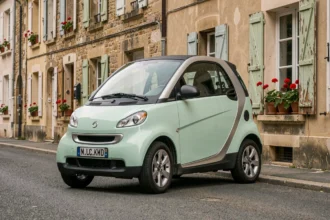 Petite voiture sans permis électrique garée dans une rue résidentielle française