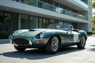 Voiture vintage sportive devant un bâtiment moderne en journée