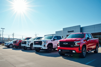 Vente de pickups d'occasion modernes dans une concession en plein jour