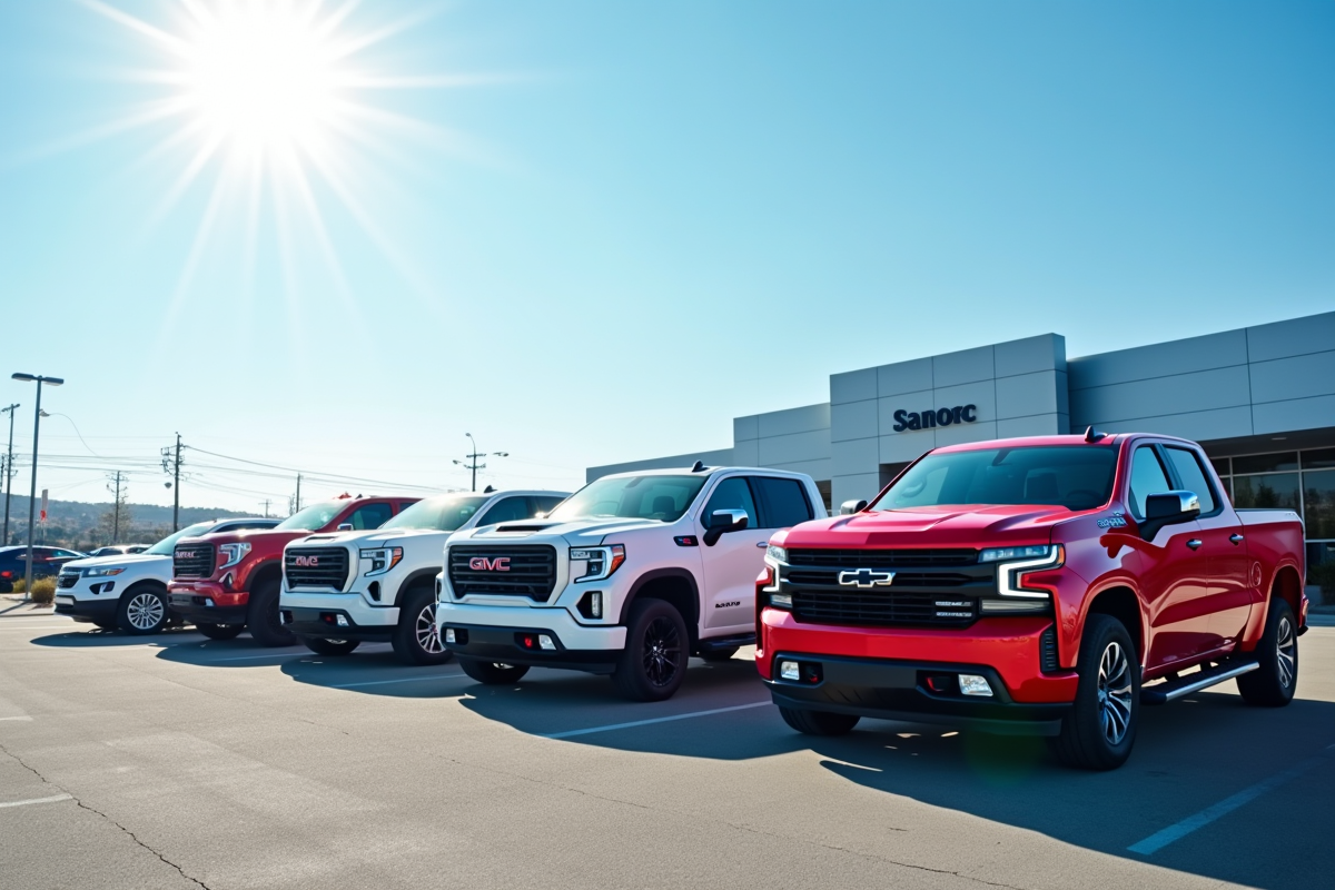 Vente de pickups d'occasion modernes dans une concession en plein jour
