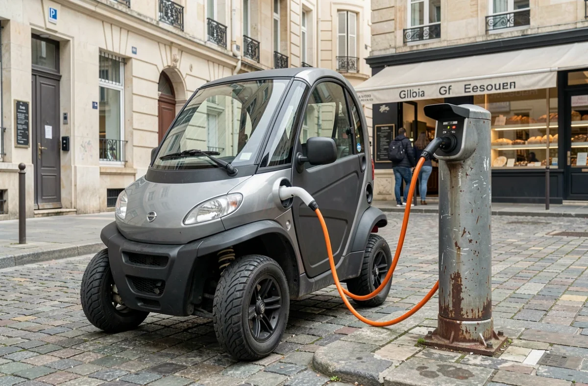 Voiture sans permis électrique en charge sur une borne publique en ville