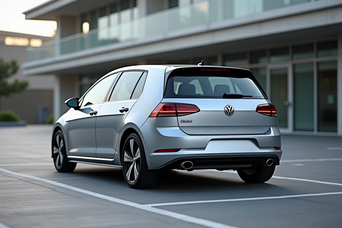 Volkswagen Golf 7 berline argentée dans un parking urbain, vue arrière trois-quarts comparant le hayon compact au break
