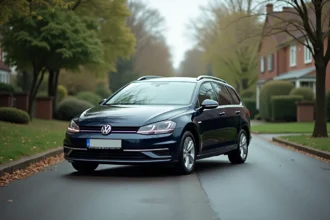 Volkswagen Golf 7 SW break garée dans une rue résidentielle, vue trois-quarts avant mettant en valeur son profil allongé