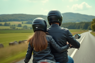 Homme et adolescente en moto sur route de campagne
