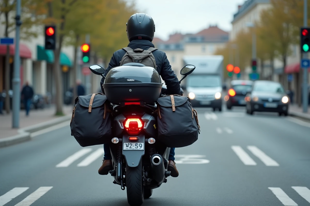 XMAX 125 en duo avec bagages à un feu rouge en ville