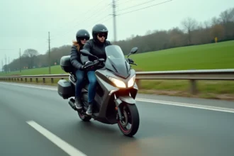 Yamaha XMAX 125 en duo avec bagages sur une route française en mouvement