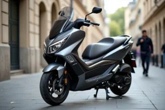 Yamaha TMAX 2026 garé en ville, vue 3/4 avant sur fond de rue parisienne floue