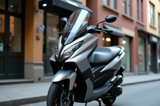 Yamaha XMAX 125 garé en milieu urbain, vue 3/4 avant mettant en valeur sa carrosserie sportive